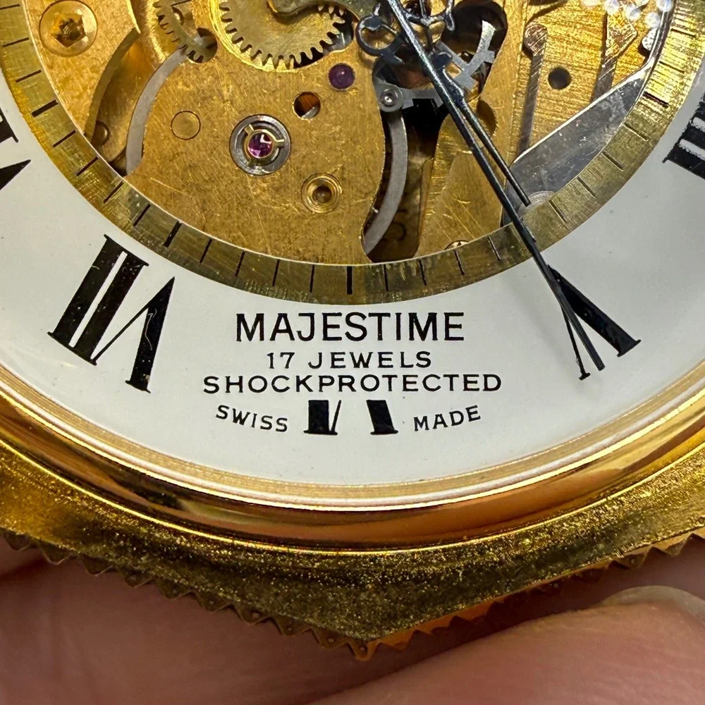 Vintage Majestime Pocket Watch Gold Tone Skeleton Car  Floral Working